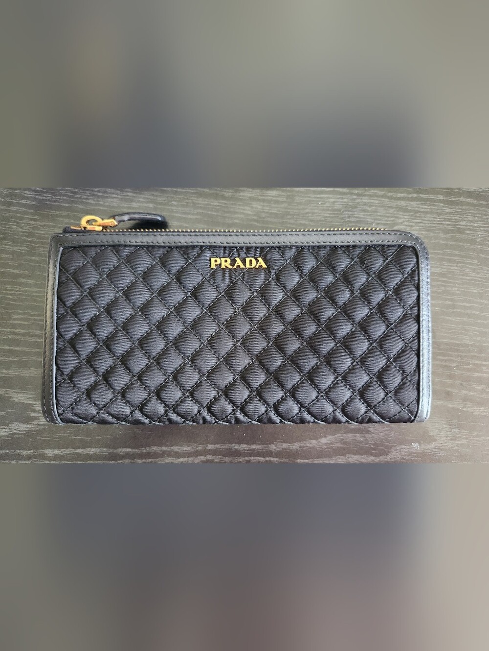 EUC Prada Black Quilted Zip-Around Wallet with Gold PRADA Logo